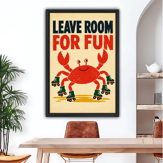 Roller Skating Crab Canvas Wall Art framed above a wood desk beneath a bright archway.