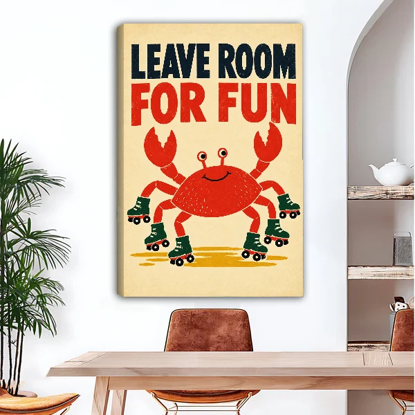Roller Skating Crab Canvas Wall Art unframed above a wood desk beside a brown chair.