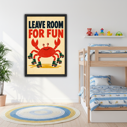 Roller Skating Crab Canvas Wall Art framed above bunk beds with blue nautical bedding.