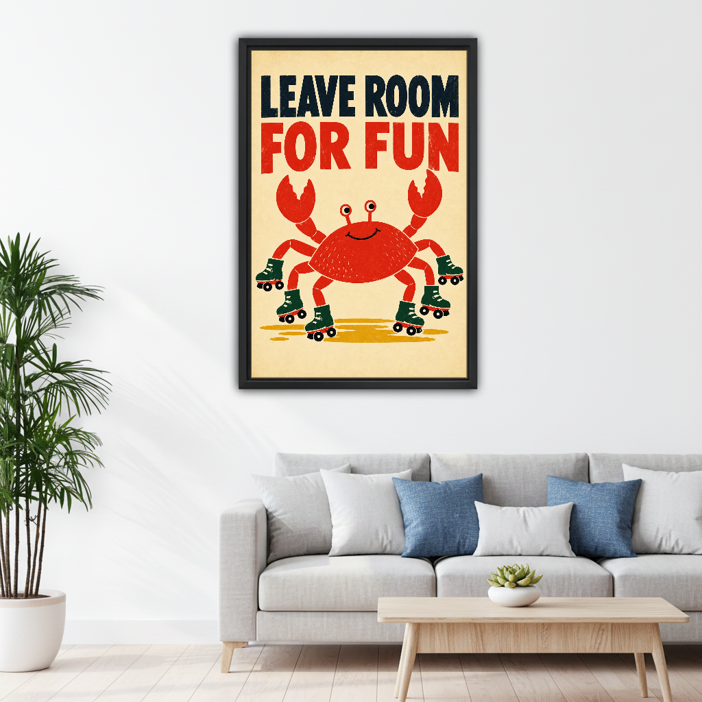 Roller Skating Crab Canvas Wall Art framed above a pale gray sofa with blue cushions.