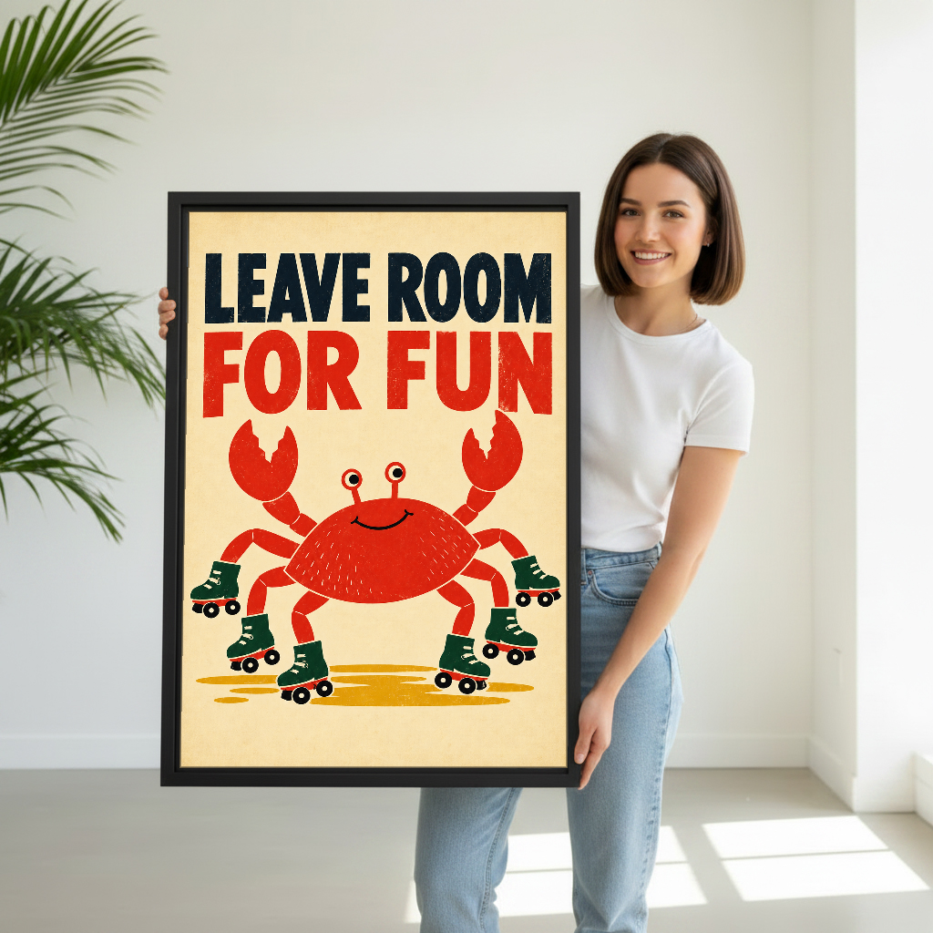 Roller Skating Crab Canvas Wall Art held by a woman in white shirt and jeans.