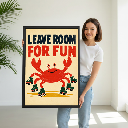 Roller Skating Crab Canvas Wall Art held by a woman in white shirt and jeans.