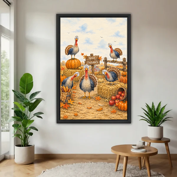 Give Thanks Turkey Friends Canvas Wall Art framed above a pale wood table beside green plants.