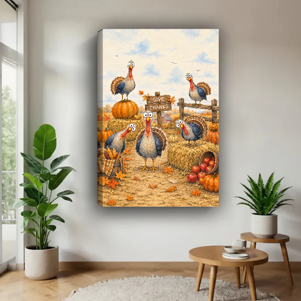 Give Thanks Turkey Friends Canvas Wall Art unframed above a pale wood table beside green plants.
