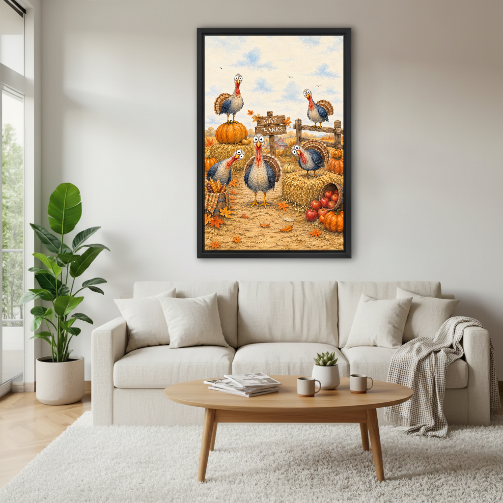 Give Thanks Turkey Friends Canvas Wall Art framed above a cream sofa and round wood table.