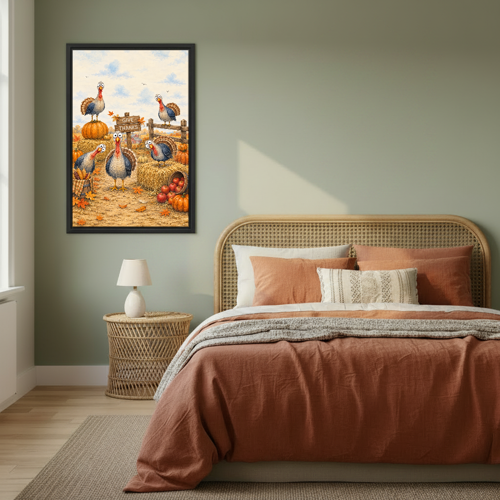 Give Thanks Turkey Friends Canvas Wall Art framed above rust bedding against a muted olive wall.