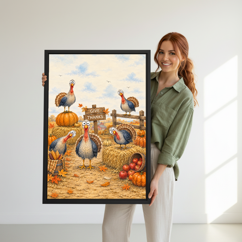 Give Thanks Turkey Friends Canvas Wall Art held in a black frame by a woman in green.