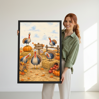 Give Thanks Turkey Friends Canvas Wall Art held in a black frame by a woman in green.