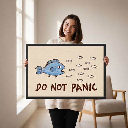 Do Not Panic Fish Canvas Wall Art held by a woman in a bright neutral room.