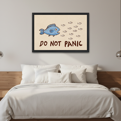 Do Not Panic Fish Canvas Wall Art framed above white bedding and wooden bedside tables.