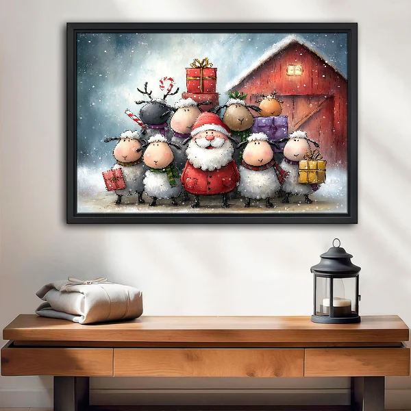 Santa Winter Farm Friends Canvas Wall Art framed above a wood console with lantern and folded linen.