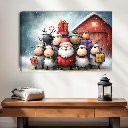 Santa Winter Farm Friends Canvas Wall Art unframed above a wood console with lantern and folded linen.