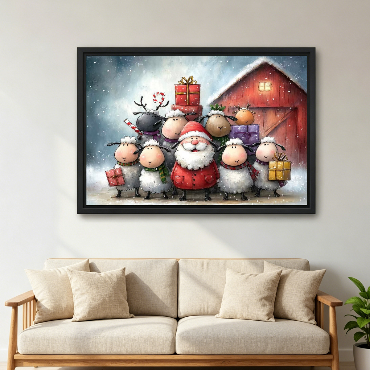 Santa Winter Farm Friends Canvas Wall Art framed above a cream sofa with wooden arms.