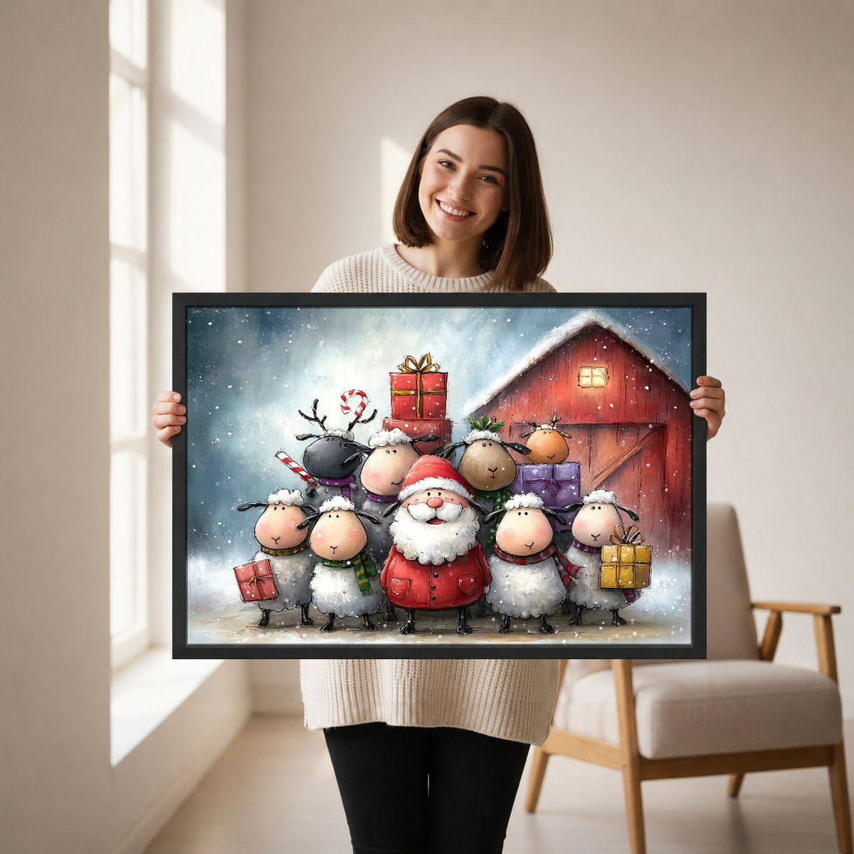 Santa Winter Farm Friends Canvas Wall Art held by a woman in a bright neutral room.