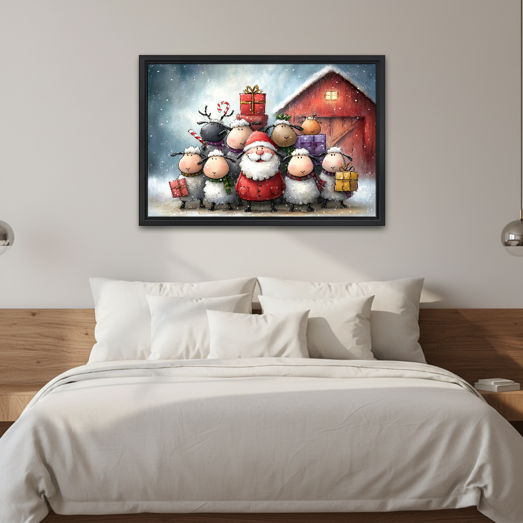 Santa Winter Farm Friends Canvas Wall Art framed above white bedding and wooden bedside tables.