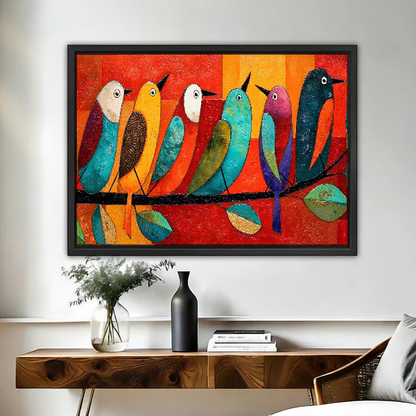 Six Colorful Perched Birds Canvas Wall Art framed above a wood console with black vase and branches.