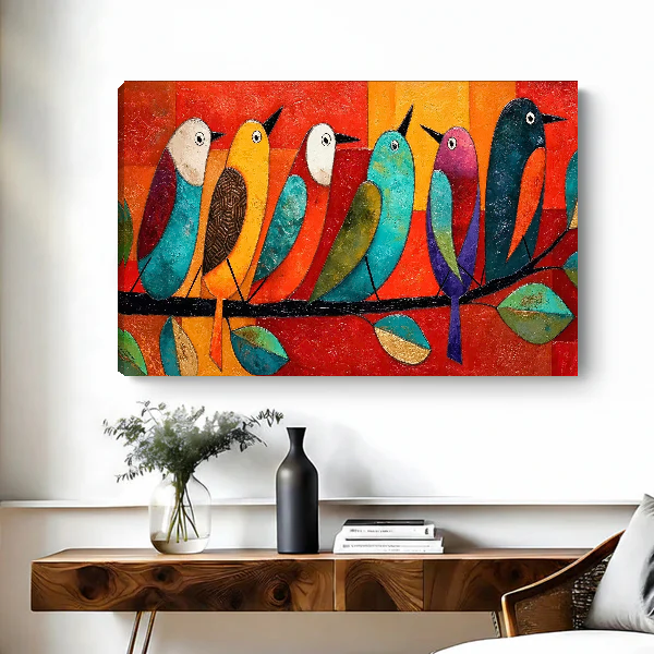 Six Colorful Perched Birds Canvas Wall Art unframed above a wood console with black vase and branches.