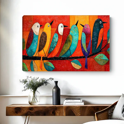Six Colorful Perched Birds Canvas Wall Art unframed above a wood console with black vase and branches.