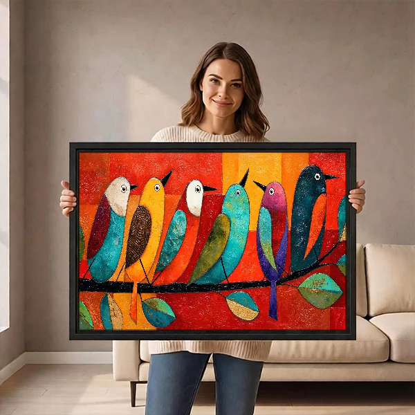 Six Colorful Perched Birds Canvas Wall Art held by a woman before a neutral cream sofa.