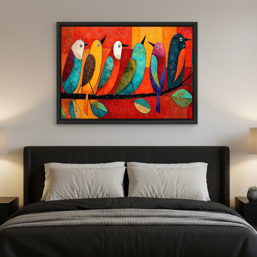 Six Colorful Perched Birds Canvas Wall Art framed above charcoal bedding and white pillows.