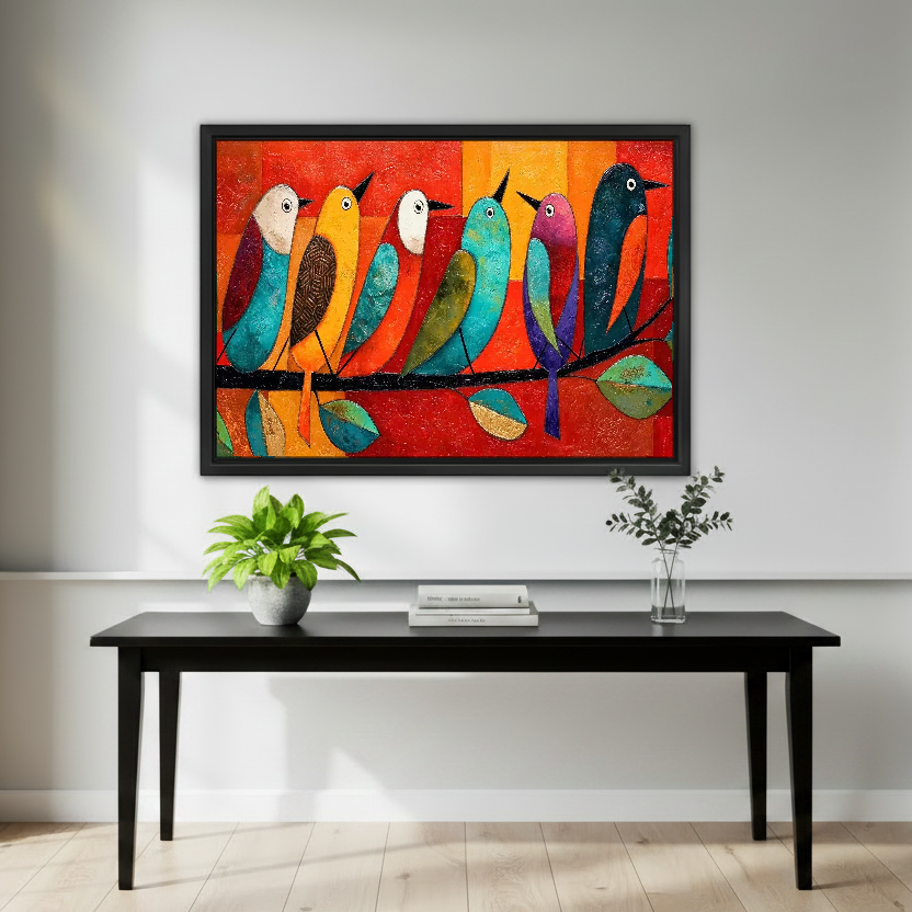 Six Colorful Perched Birds Canvas Wall Art framed above a black console with green plants and books.