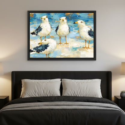 Seaside Gull Gathering Canvas Wall Art framed above charcoal bedding and white pillows.