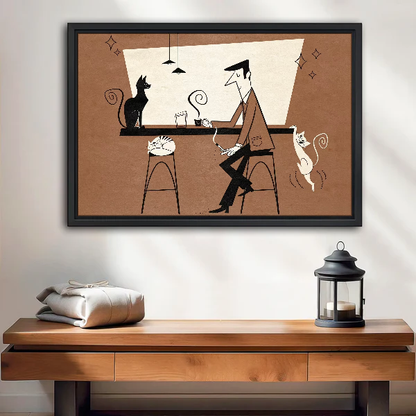 Cats At The Bar Canvas Wall Art framed above a wood console with lantern and folded linen.