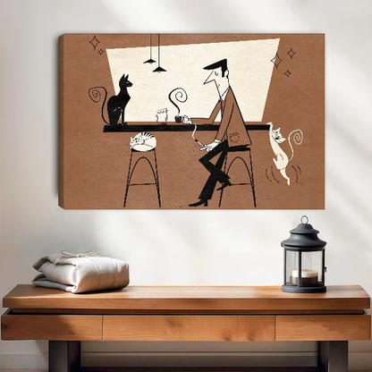 Cats At The Bar Canvas Wall Art unframed above a wood console with lantern and folded linen.