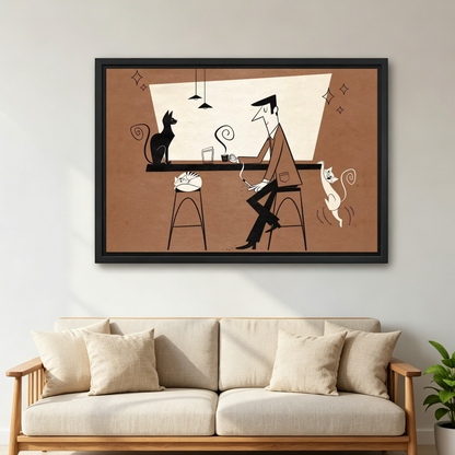 Cats At The Bar Canvas Wall Art framed above a cream sofa with wooden arms.