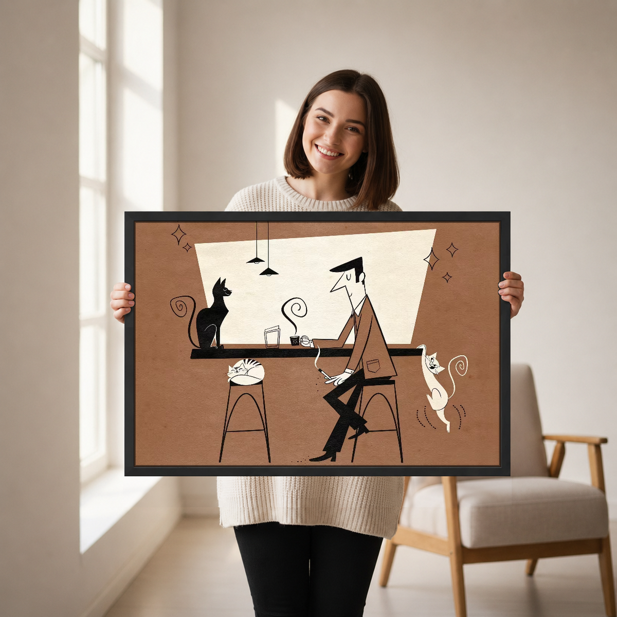 Cats At The Bar Canvas Wall Art held by a woman in a bright neutral room.