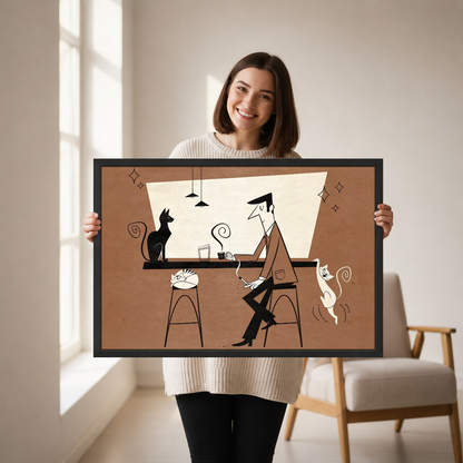 Cats At The Bar Canvas Wall Art held by a woman in a bright neutral room.