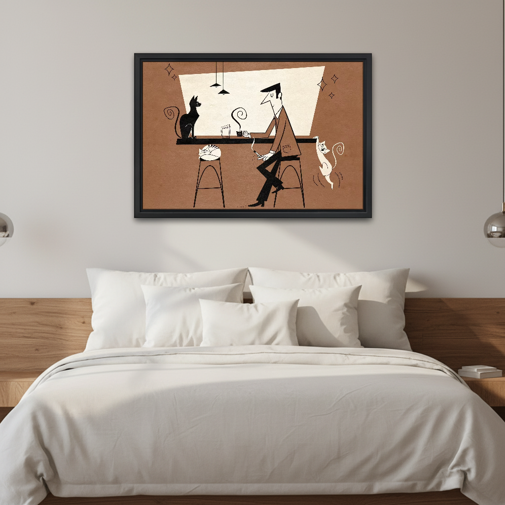 Cats At The Bar Canvas Wall Art framed above white bedding and wooden bedside tables.