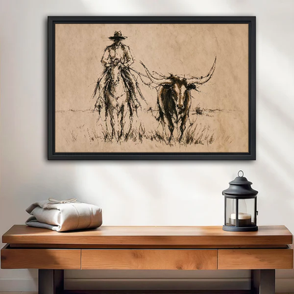 Longhorn Cowboy Ride Canvas Wall Art framed above a wood console with lantern and folded linen.