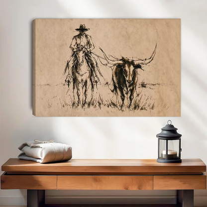 Longhorn Cowboy Ride Canvas Wall Art unframed above a wood console with lantern and folded linen.