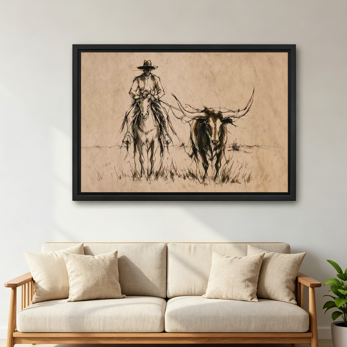 Longhorn Cowboy Ride Canvas Wall Art framed above a cream sofa with wooden arms.