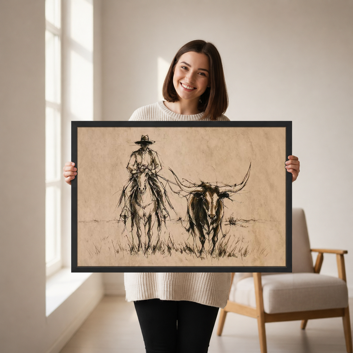 Longhorn Cowboy Ride Canvas Wall Art held by a woman in a bright neutral room.