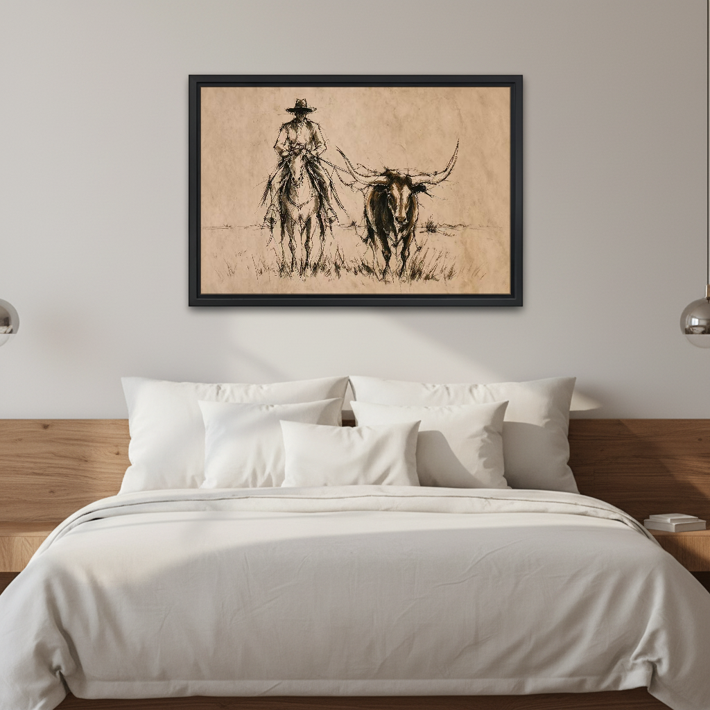 Longhorn Cowboy Ride Canvas Wall Art framed above white bedding and wooden bedside tables.