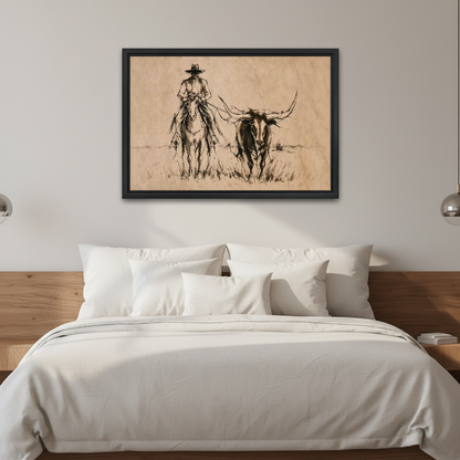 Longhorn Cowboy Ride Canvas Wall Art framed above white bedding and wooden bedside tables.