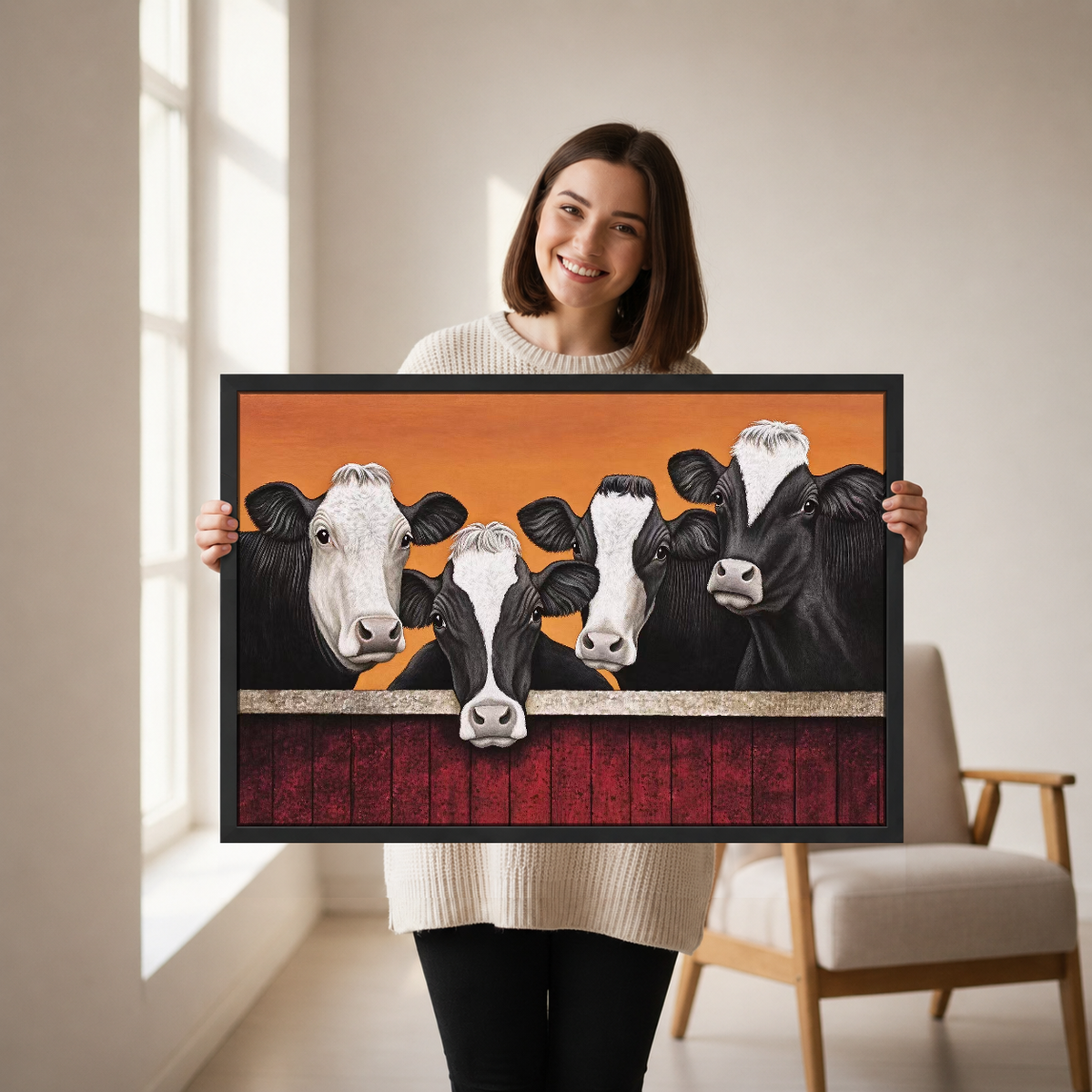 Four Curious Cows Canvas Wall Art held by a woman in a bright neutral room.