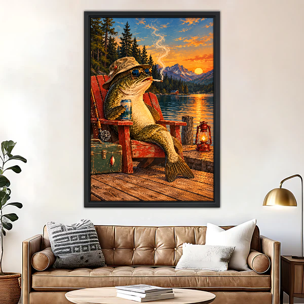 Lakeside Fish Retreat Canvas Wall Art framed above a brown leather sofa and brass lamp.