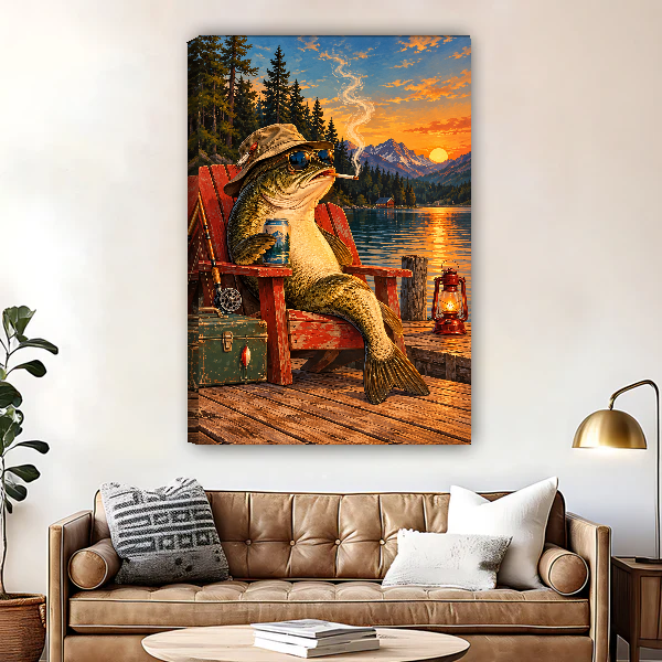 Lakeside Fish Retreat Canvas Wall Art unframed above a brown leather sofa and brass lamp.