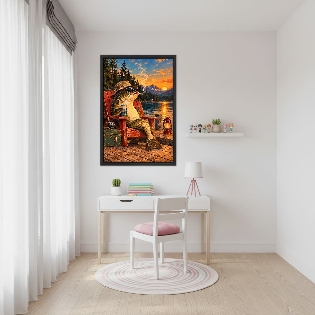 Lakeside Fish Retreat Canvas Wall Art framed above a white desk beside a pale pink chair.