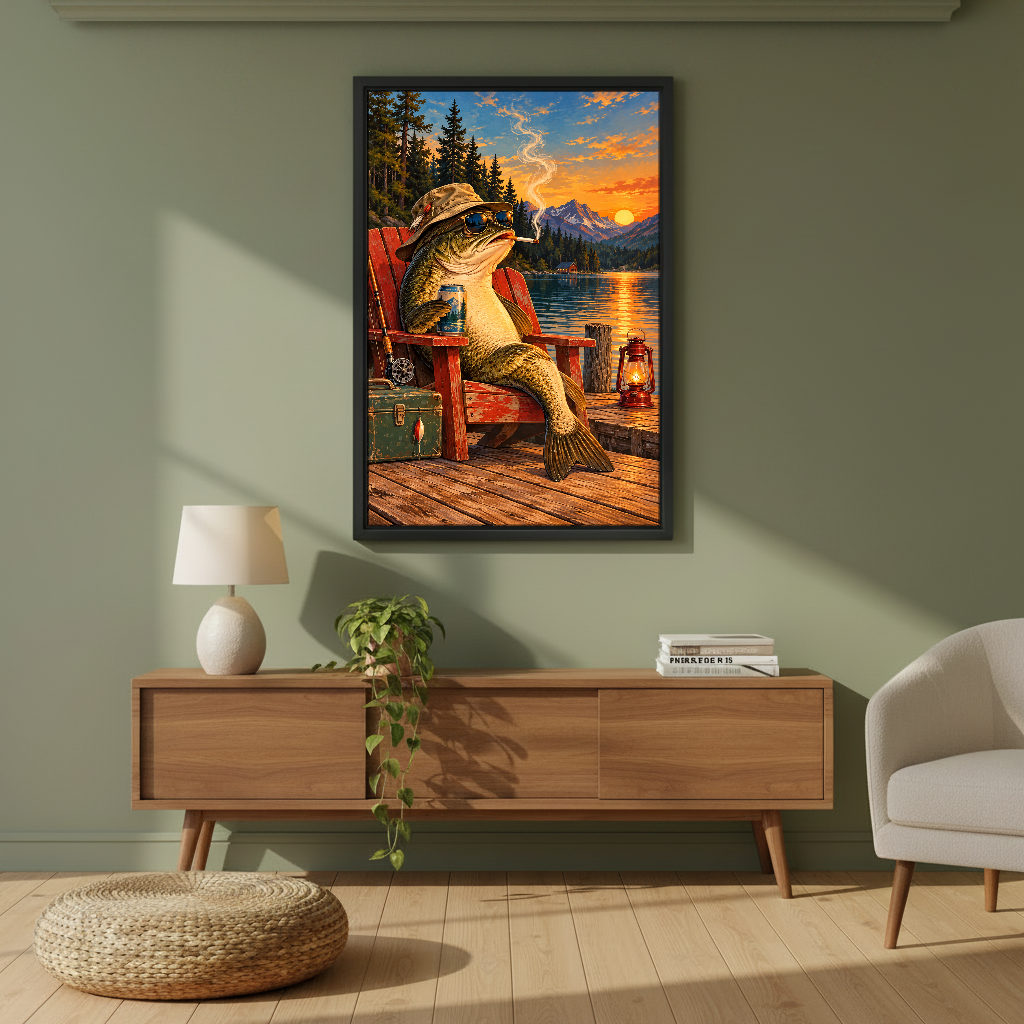 Lakeside Fish Retreat Canvas Wall Art framed above a wood console against an olive wall.