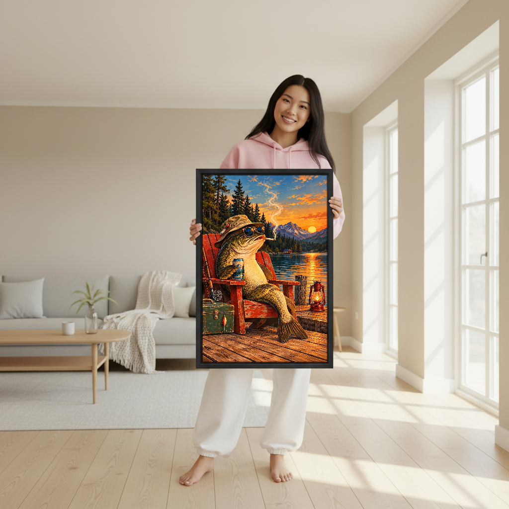 Lakeside Fish Retreat Canvas Wall Art held in a black frame by a woman in pink.