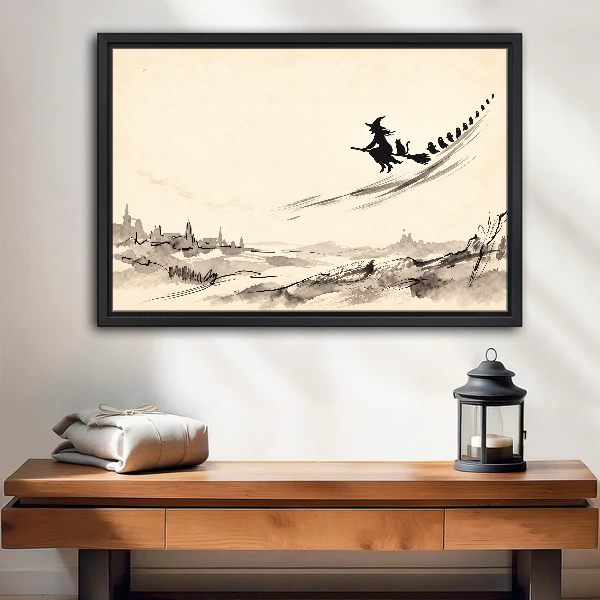 Witch Above Quiet Village Canvas Wall Art framed above a wood console with lantern and folded linen.