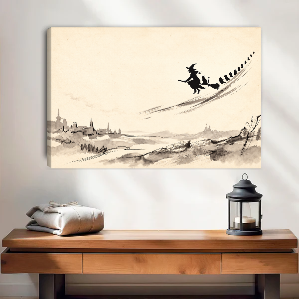 Witch Above Quiet Village Canvas Wall Art unframed above a wood console with lantern and folded linen.