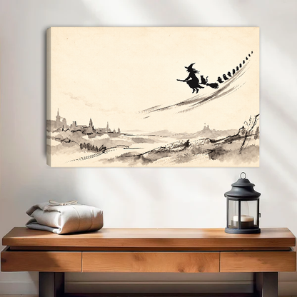 Witch Above Quiet Village Canvas Wall Art unframed above a wood console with lantern and folded linen.
