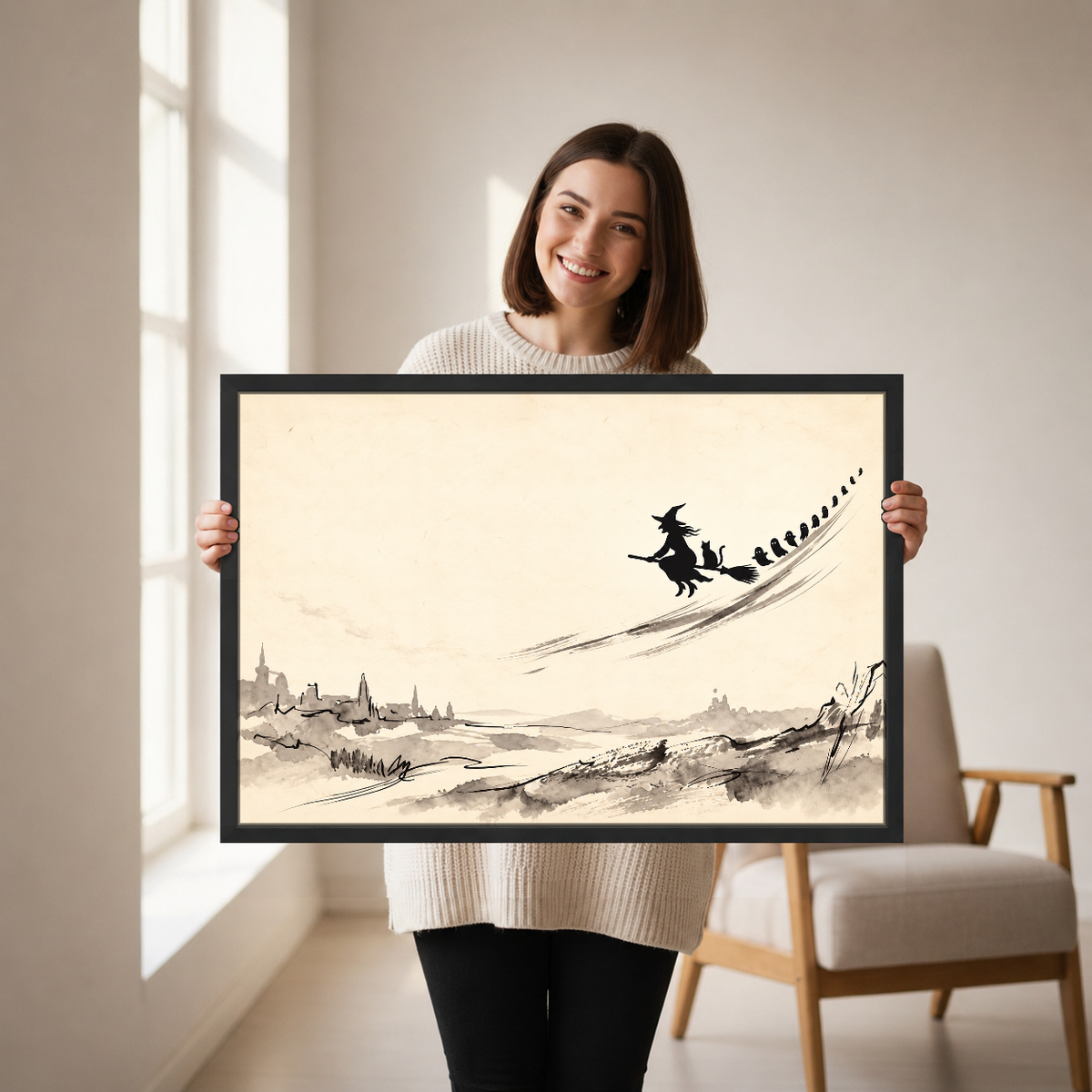 Witch Above Quiet Village Canvas Wall Art held by a woman in a bright neutral room.