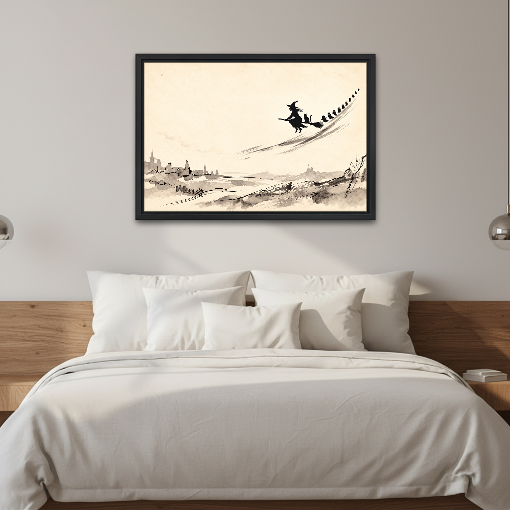 Witch Above Quiet Village Canvas Wall Art framed above white bedding and wooden bedside tables.