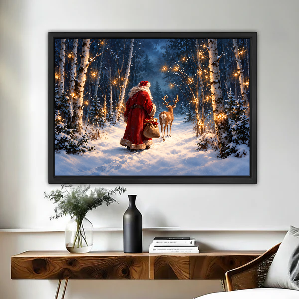 Santa Forest Encounter Canvas Wall Art framed above a figured wooden console with a black vase.